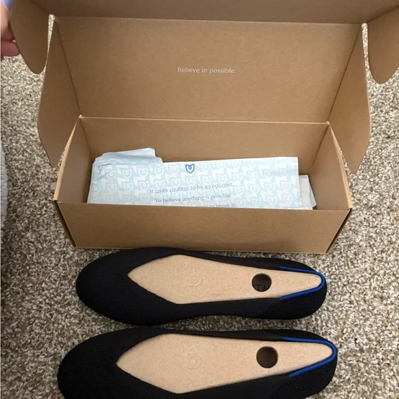 Rothy's The Daily Flat Black Knit Ballet Flats with Blue Heel Trim - Picture 11 of 11